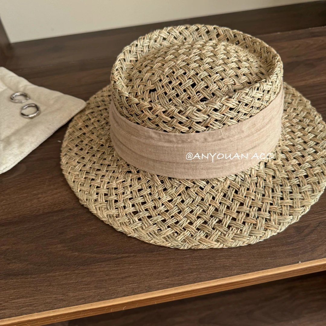 法式小檐老钱风平顶帽子女咸草手工草帽出游日常夏季气质编织帽