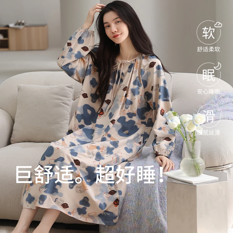 美韵岛｜新疆棉纯棉长袖圆领简约秋季女印花设计睡裙中长款大码
