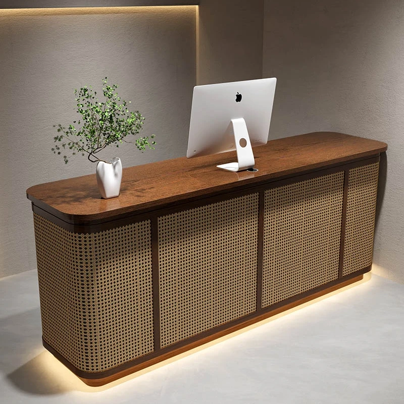 中式民宿吧台收银台柜台服装店侘寂风饭店吧台桌藤编前台桌接待台