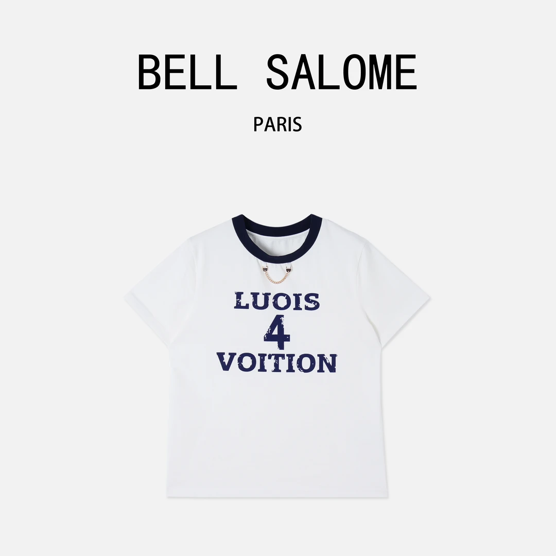 【贝贝专属】（罗马假日）2025新款文字印花领子撞色链条点缀百搭T恤