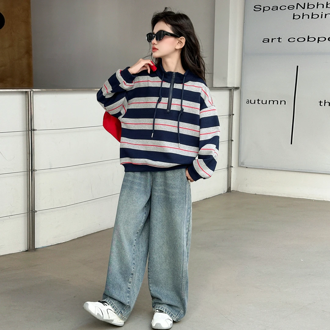女童条纹卫衣套装2025新款儿童女孩秋季休闲洋气时髦牛仔裤两件套