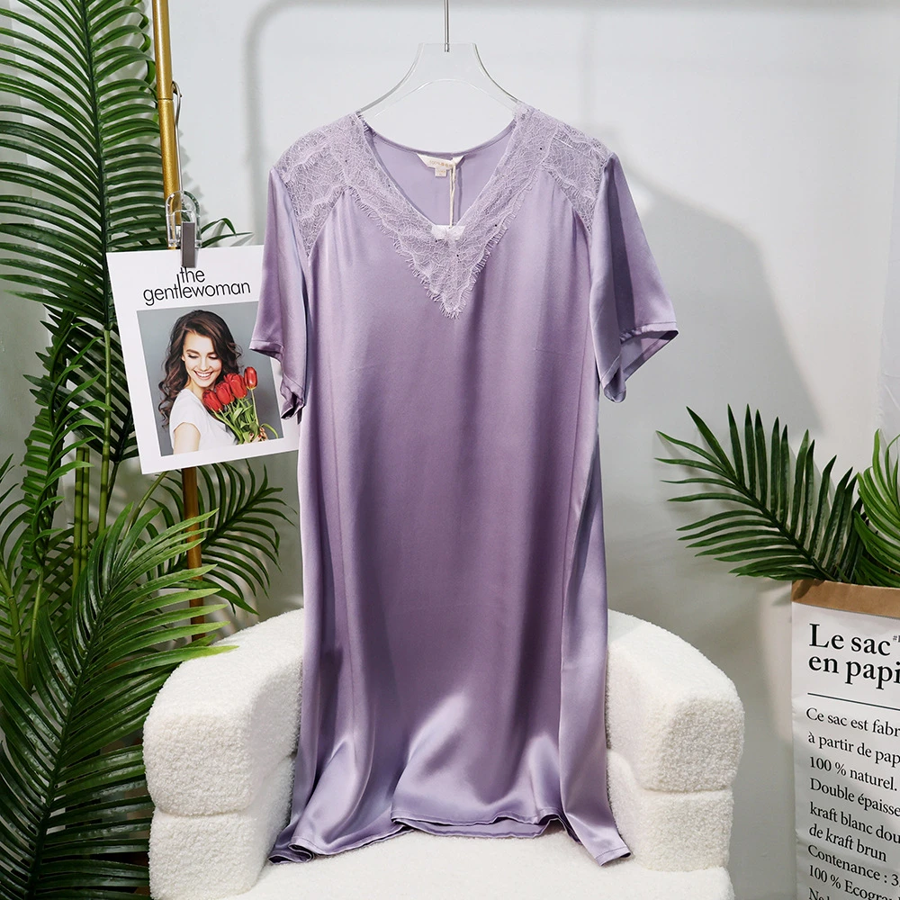 轻盈凉感短袖真丝睡裙夏季宽松连衣裙纯色桑蚕丝睡衣家居服高级感