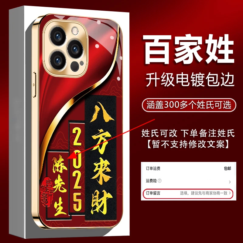 适用【苹果13ProMax】姓氏定制2025新年八方来财电镀全包防摔手机壳