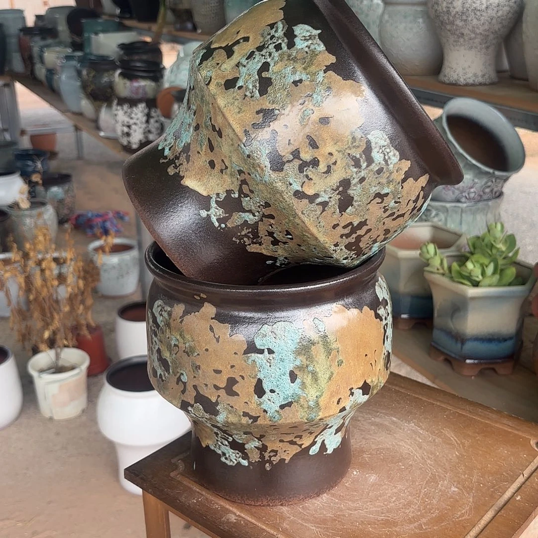 紫砂花盆油画火锅两个口径20高度20