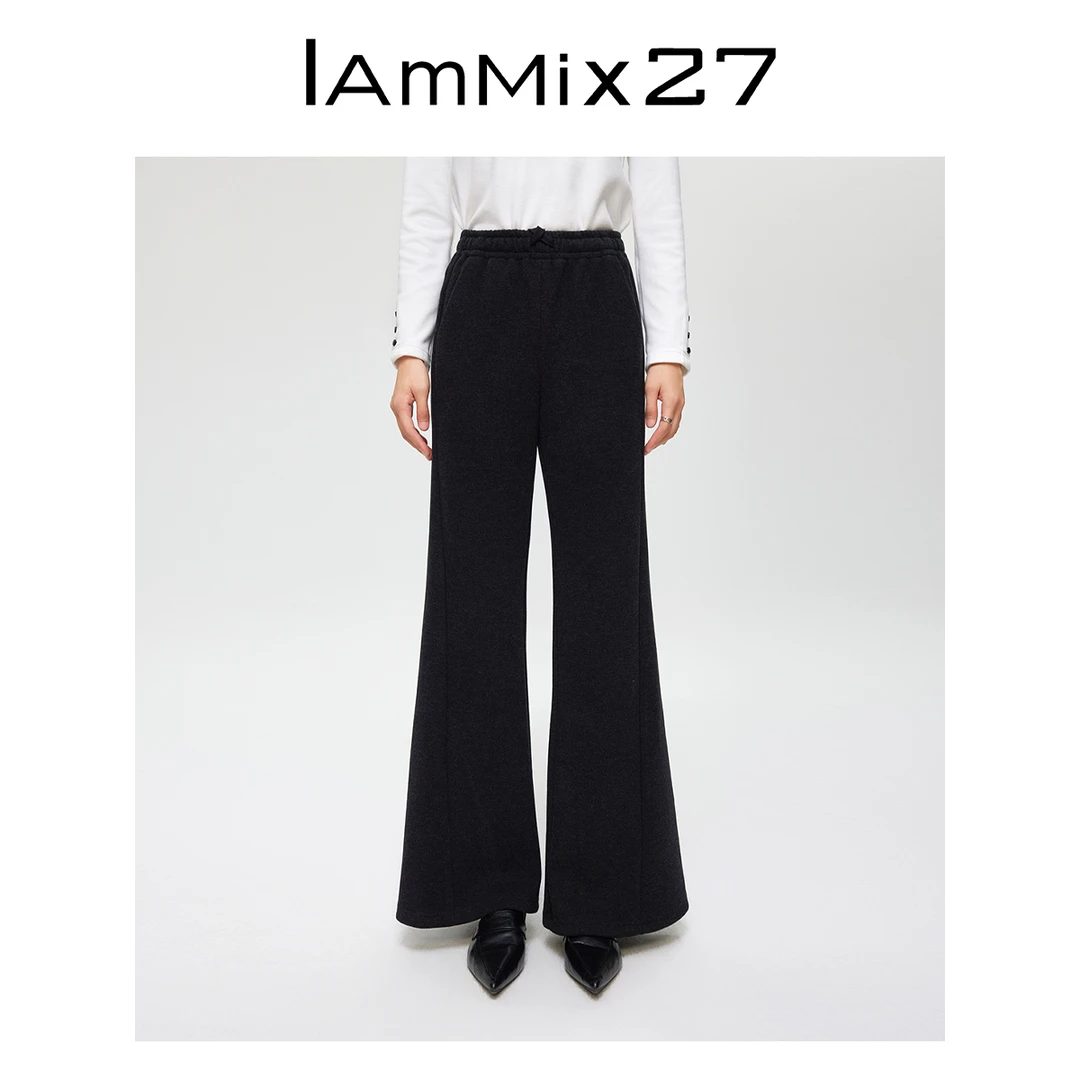 Iamx27秋冬黑色高腰微喇加厚磨毛阔腿长裤M4D7005