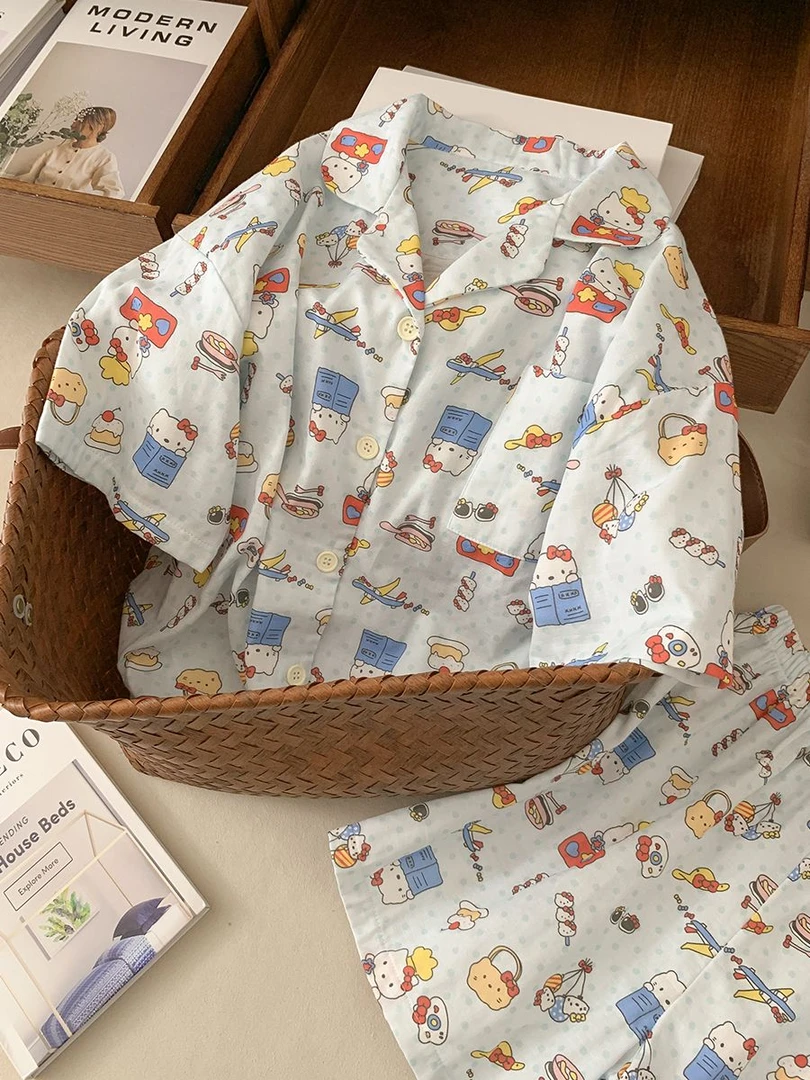 厨师Kitty100%棉双层棉纱夏季睡衣女可爱短袖舒适家居服可外穿