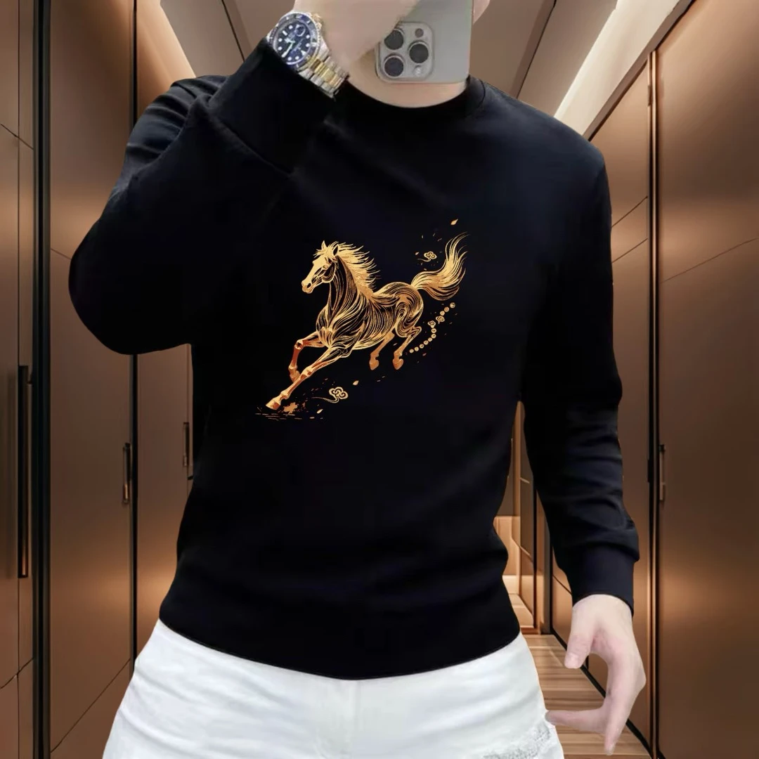 秋冬新款时尚潮牌男士百搭印花卫衣修身圆领长袖上衣