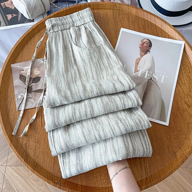 扎染亚麻凉凉棉麻阔腿裤女2025夏季薄款新款休闲宽松直筒麻料裤子