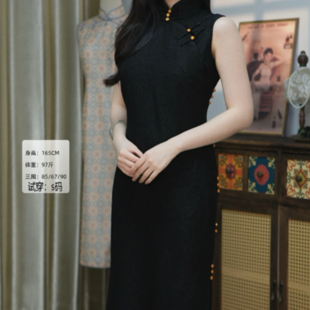 锦笙 |桐华125cm新中式改良无袖古法全开手工桑蚕丝气质修身旗袍