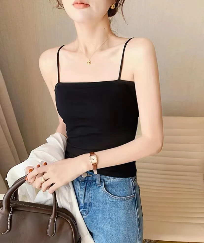 小清新纯欲风设计感吊带背心女外穿内搭带胸垫修身美背上衣