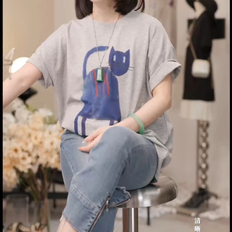 25新款夏日卡通图案手绘经典时尚百搭休闲猫咪短袖T恤LK2504570