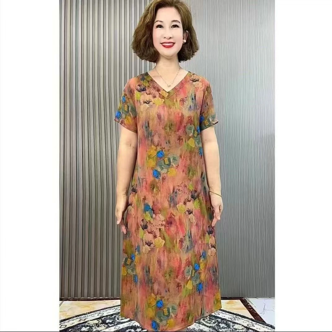 10017-夏季气质显瘦新款印花复古裙子中老年短袖洋气连衣裙【G仓】
