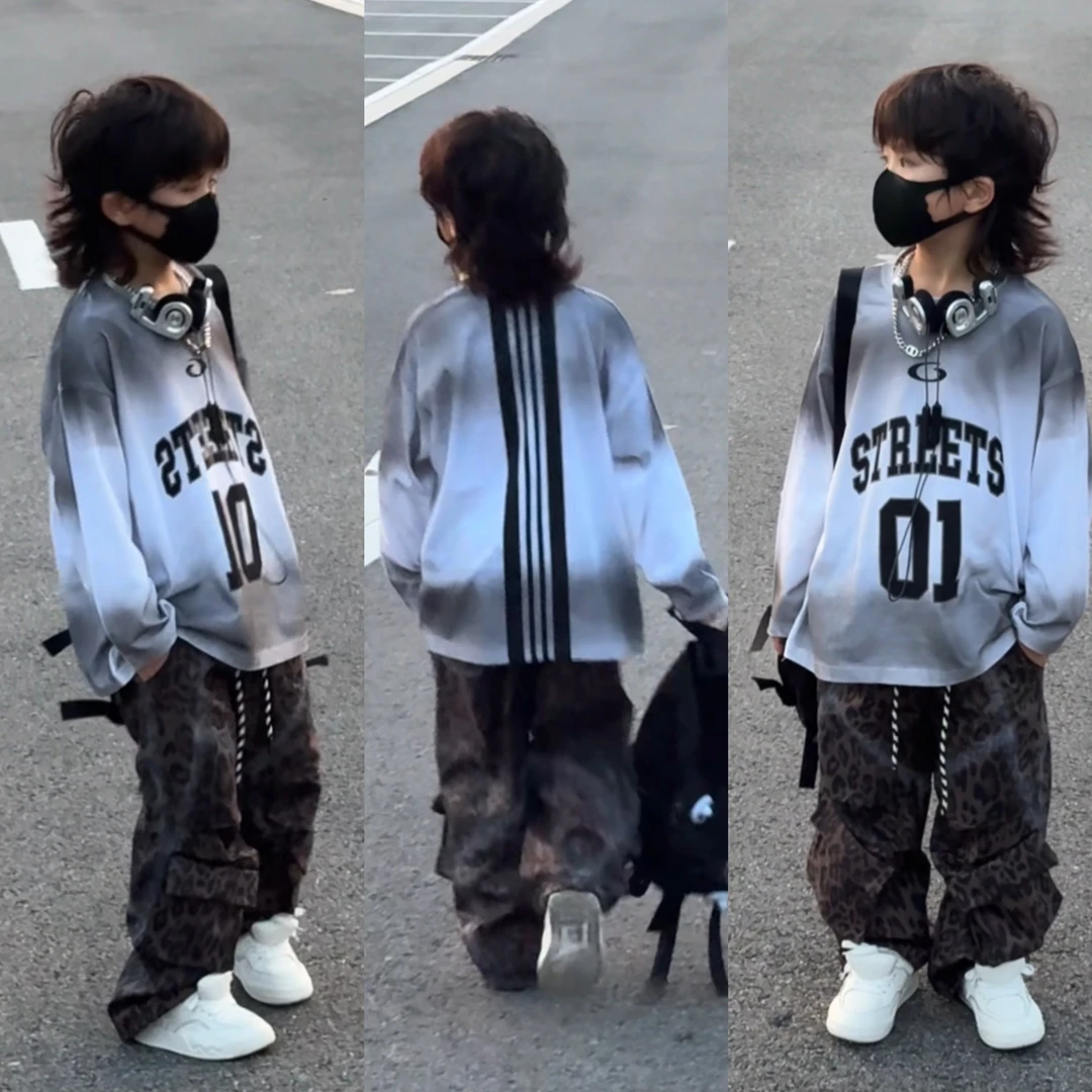 乐乐家儿童新款嘻哈街舞风简约长袖中大童宽松个性印花打底衫