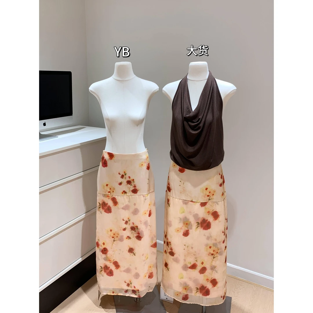 新款米杏色碎花拼接半身长裙子双层朦胧感直筒裙女