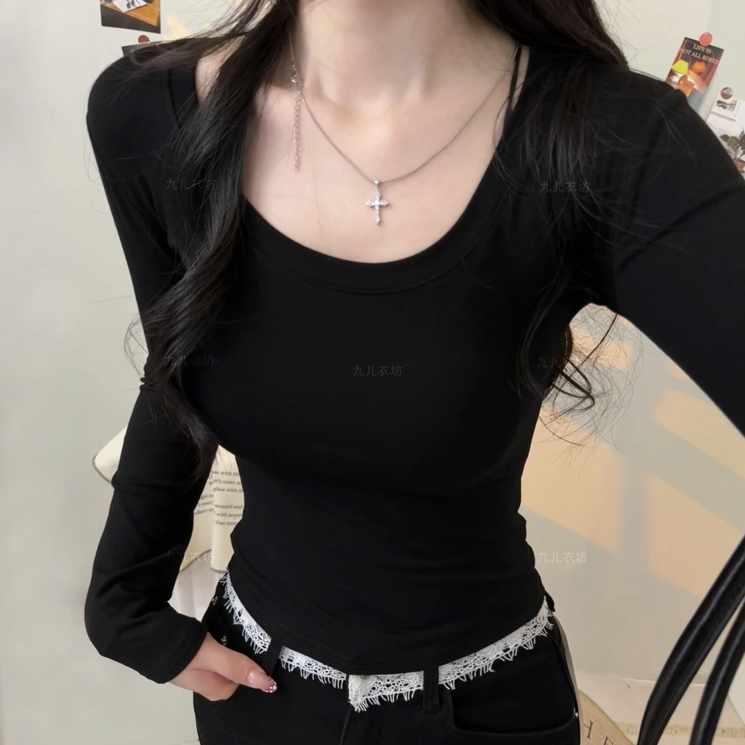 2025新款高级感U领长袖打底衫女秋冬纯色简约百搭低领别致女986