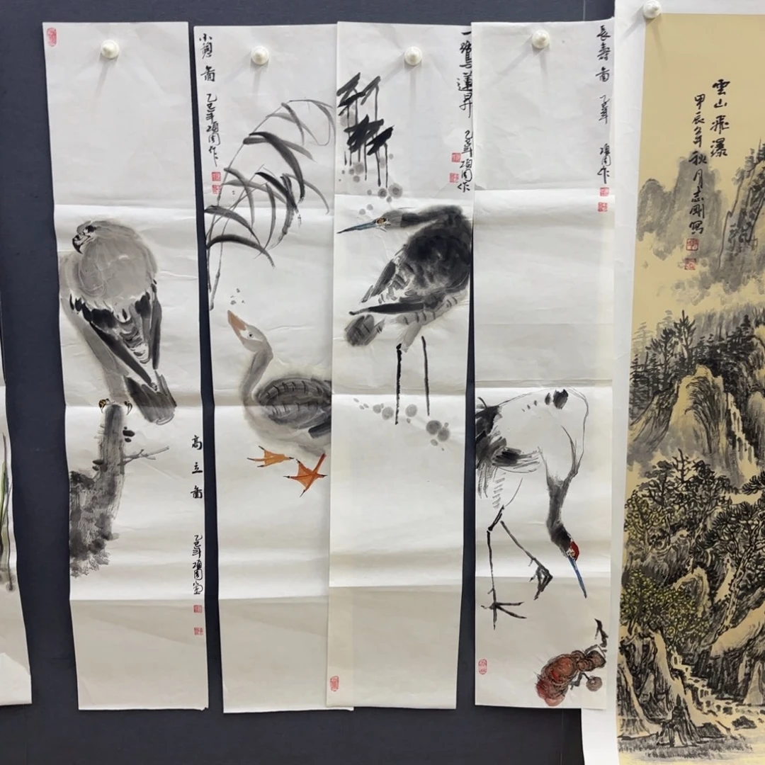 国画四条屏花鸟作品童