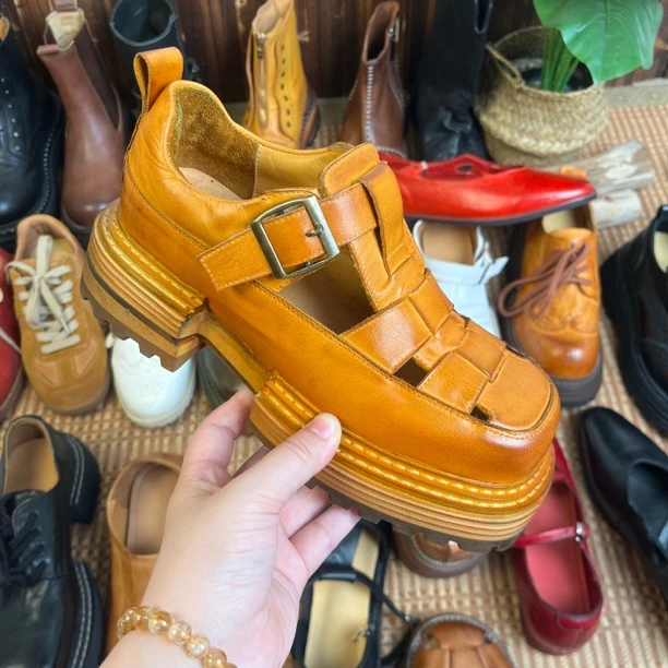 39码水洗马皮手工复古镂空编织罗马凉鞋厚底休闲鞋女