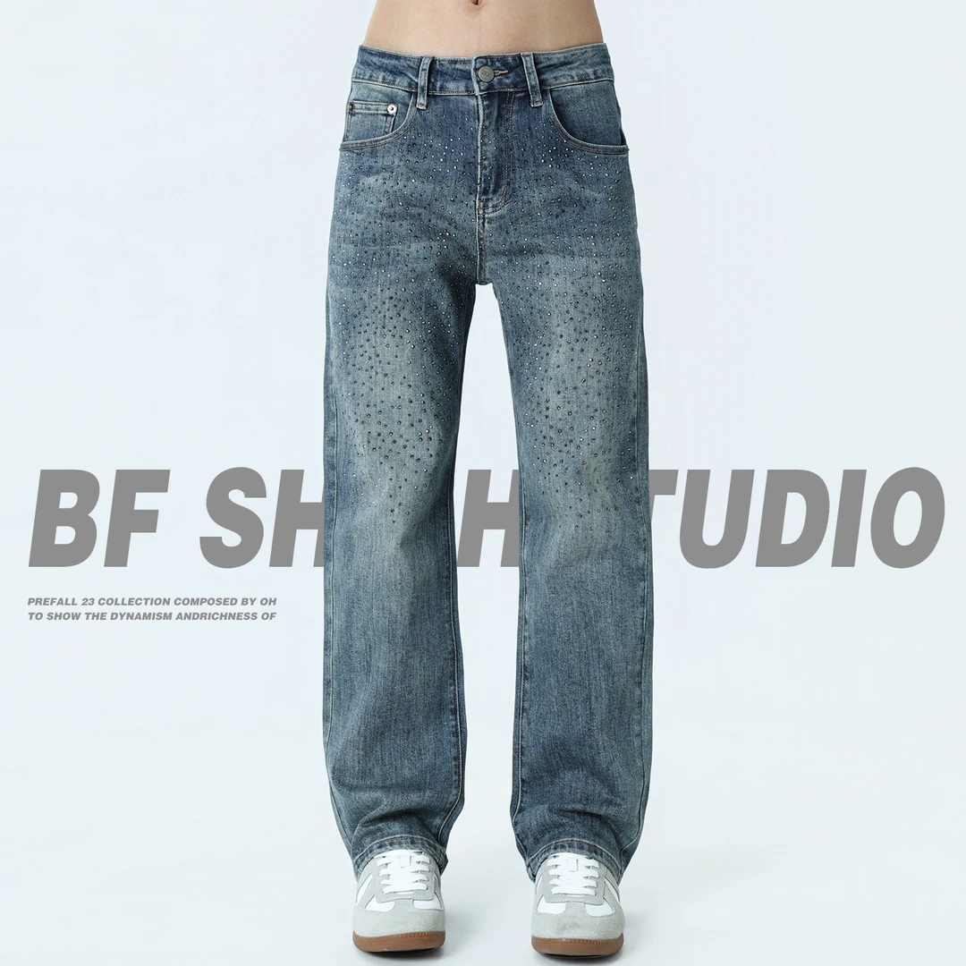 美式复古高级感潮牌高端烫钻牛仔裤男士2025新款亮钻直筒长裤弹力