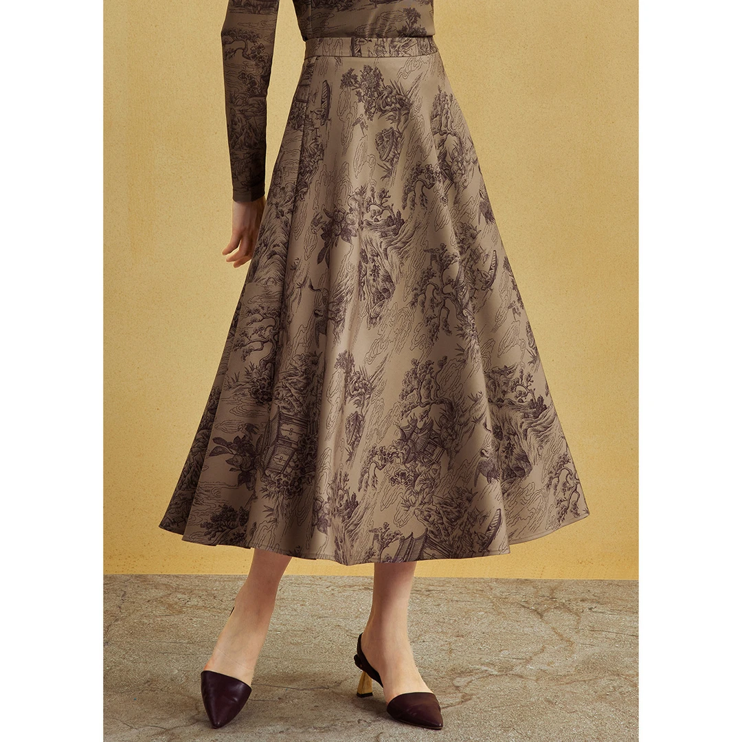 【曼德诗】新中式半身裙四季国风印花隐形拉链中长裙MY207307948