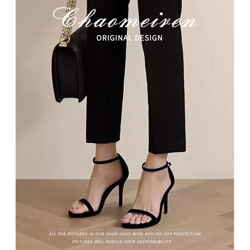 sw黑色一字带凉鞋杏色2025年新款夏季高跟鞋女款黑色细跟绝美性感