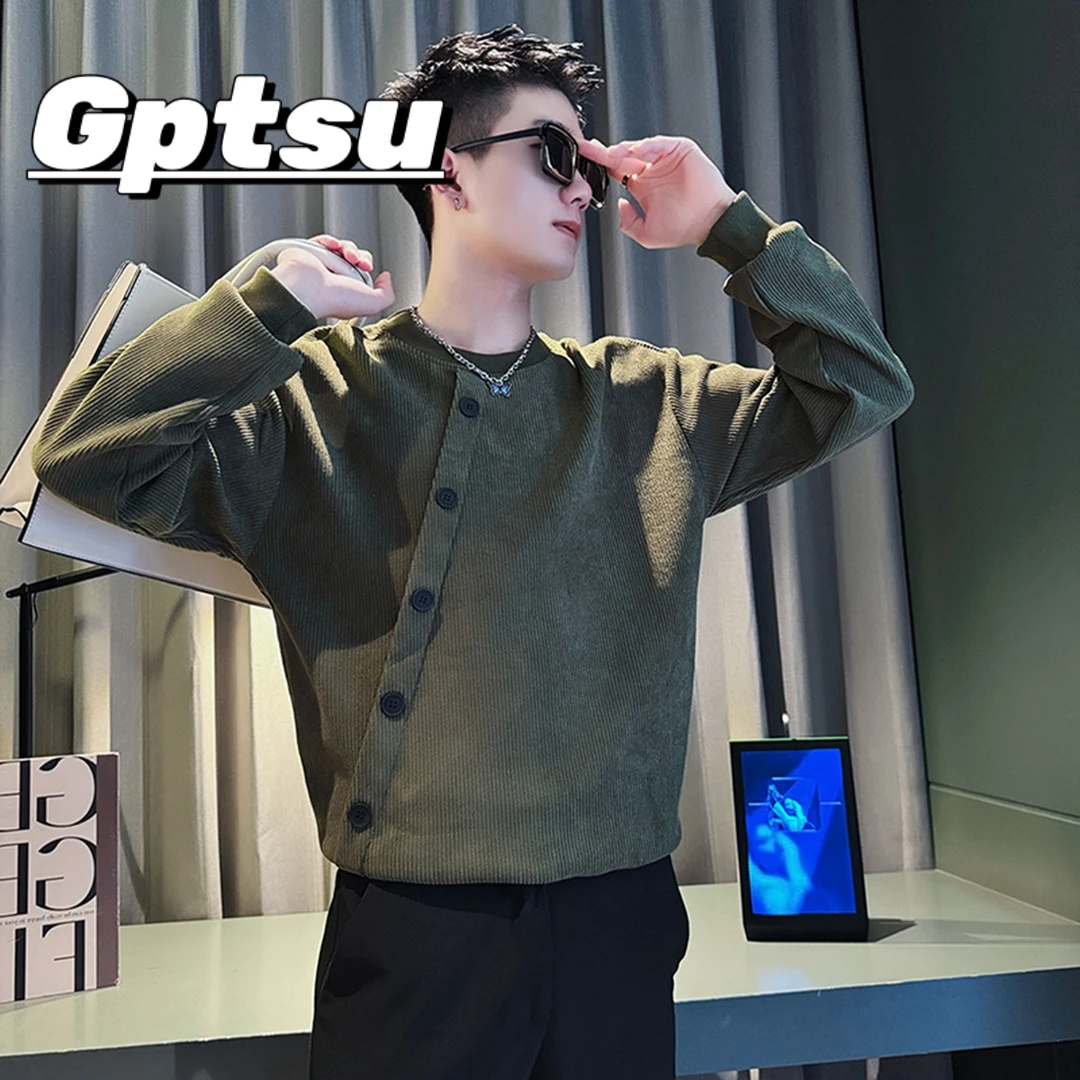 GPTSu灯芯绒卫衣圆领男款春秋季潮牌痞帅排扣长袖上衣爆款打底衫