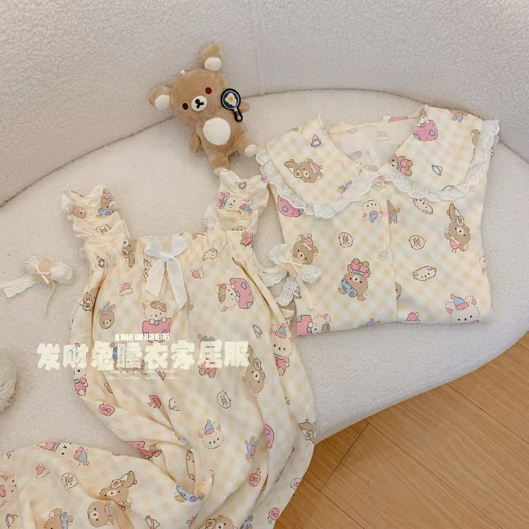 原创(轻松熊)睡衣女夏季甜美可爱短袖短裤加裙子三件套外穿家居服