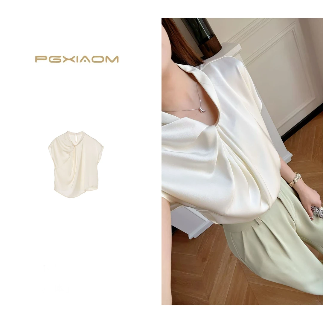【PGXIAOM】润秀定制香槟白色立体打褶气质通勤上衣SY5895