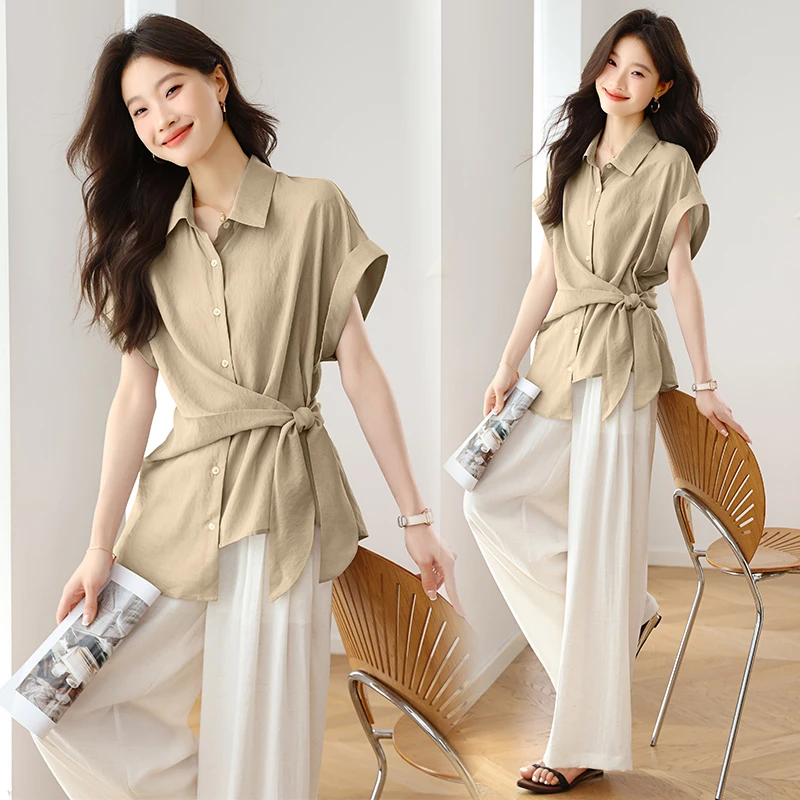 时尚不规则衬衫洋气套装女2025夏季新款遮肚子宽松显瘦休闲阔腿裤