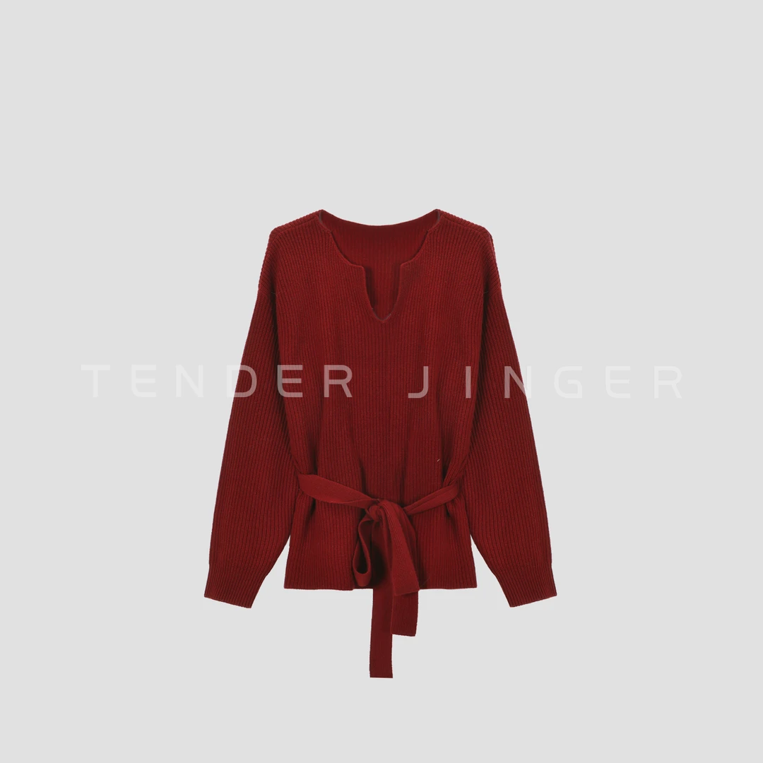 Tender Jinge｜系带V领羊毛针织衫T54DDD50332