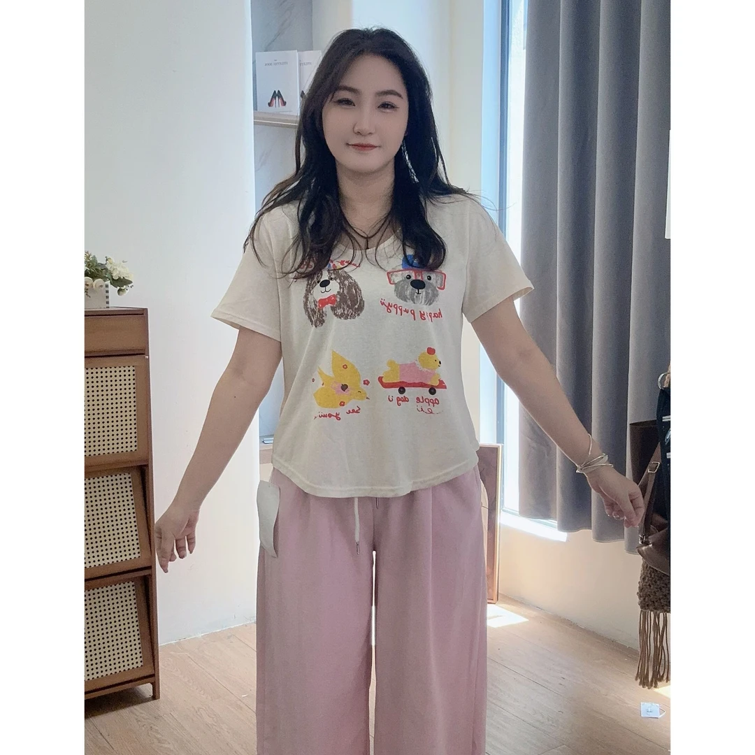 【大码】10487-3大码女装新款慵懒风卡通小狗短袖T恤上衣