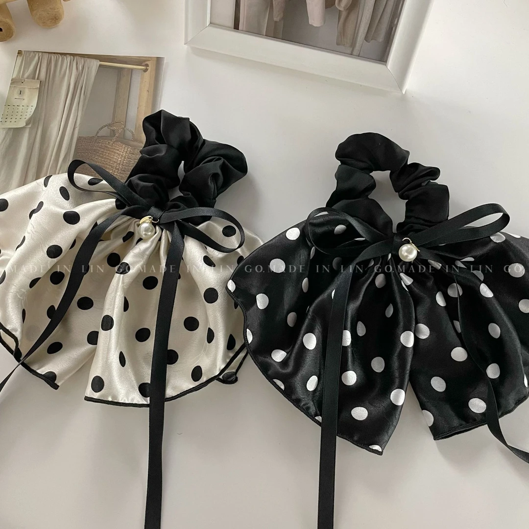 新款法式波点飘带大肠发圈少女发绳绑发低马尾头绳蝴蝶结发带发饰