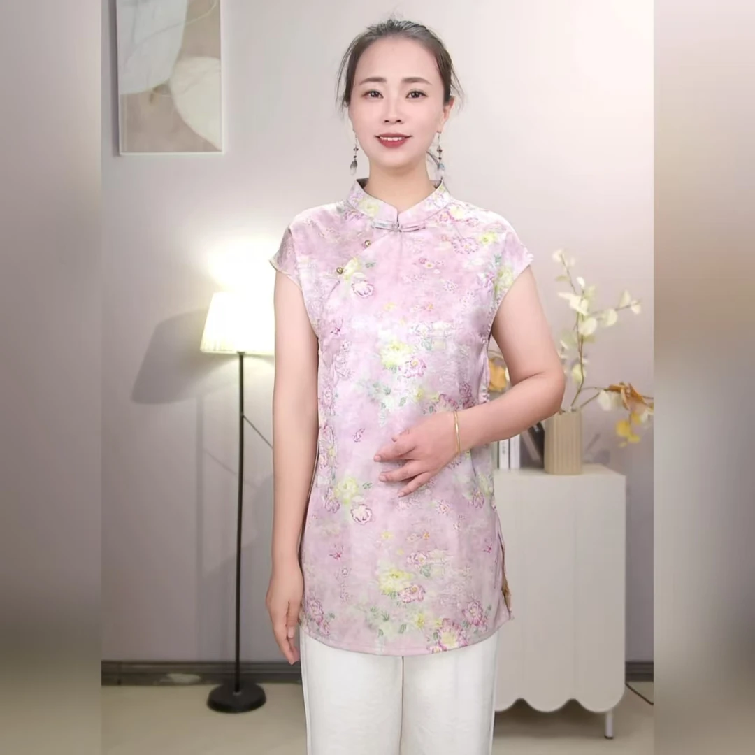 [百花阁]夏季重磅新中式国风奥黛薄款常规复古时尚飞飞袖上衣