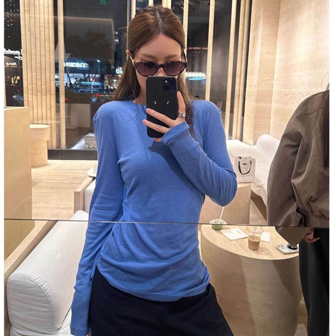 高端货~秋季新款修身显瘦纯色上衣女长袖内搭100%羊毛打底衫