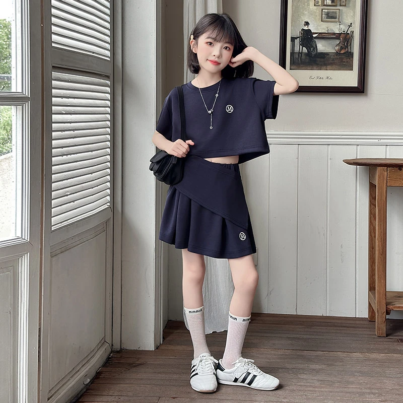 女童25年夏季新品M字母裙裤套高腰洋气学院风百褶韩版时尚学生