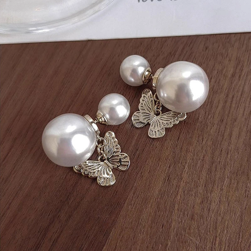 铜合金仿珍珠耳饰 浮雕蝴蝶耳钉超气质小众法式一款两戴925银针