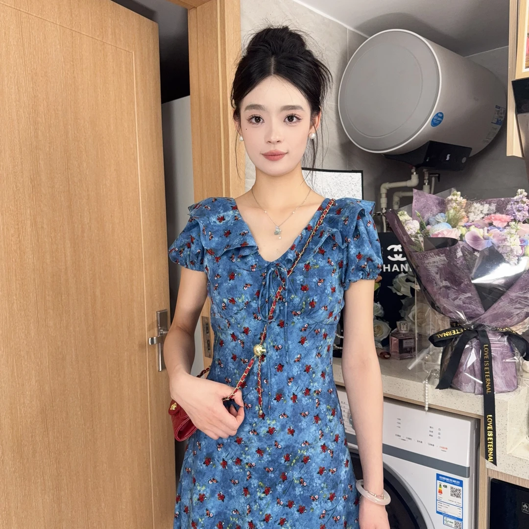 2587新款夏季新法式茶歇方领碎花连衣裙气质显瘦黑色