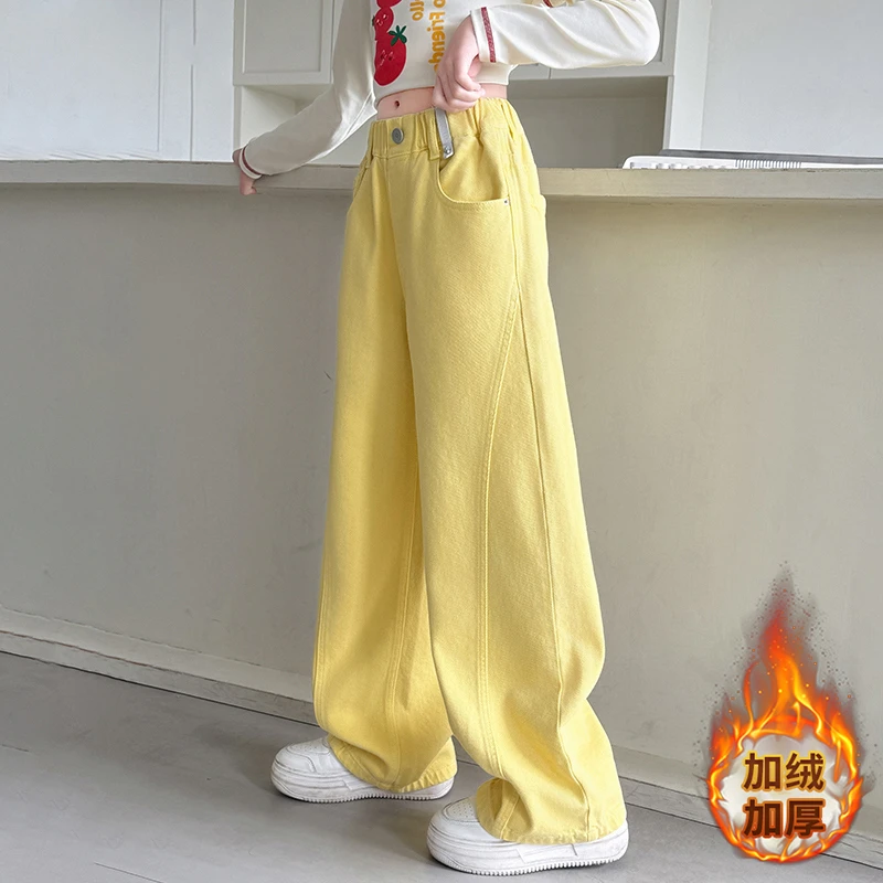 女童直筒牛仔裤秋款2025新款儿童中大童洋气阔腿裤加绒长裤秋冬季