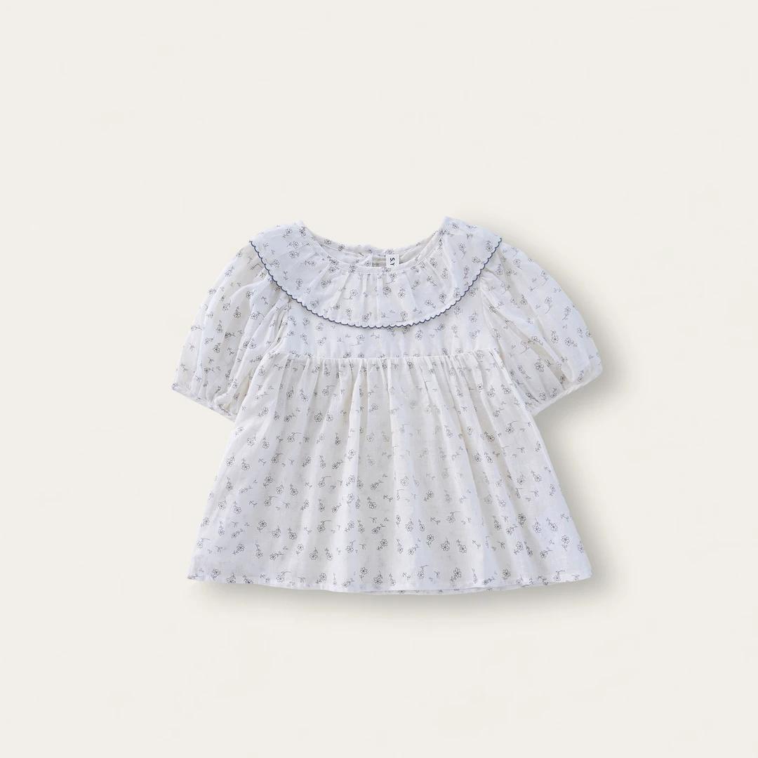 〖姐姐家〗2025夏款儿童萌娃穿搭碎花蕾丝翻领娃娃衫衬衫sy3134