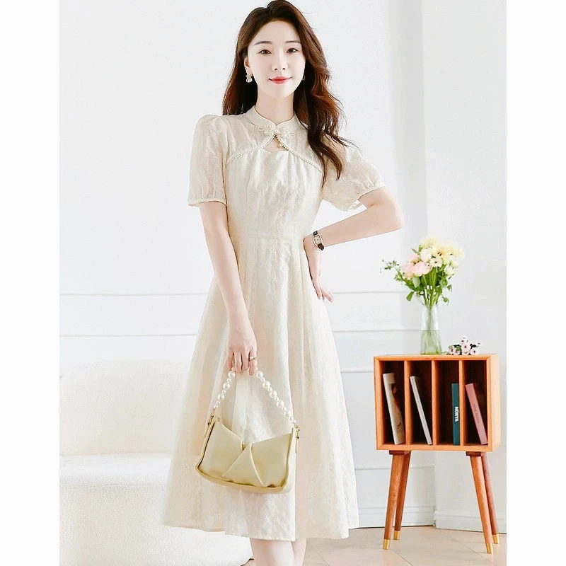 2025新款国风提花连衣裙女夏法式名媛气质优雅收腰显瘦小个子裙子