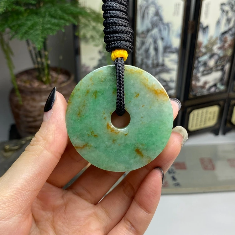 飘绿满色洒金红怀古平安扣挂件 天然翡翠A货