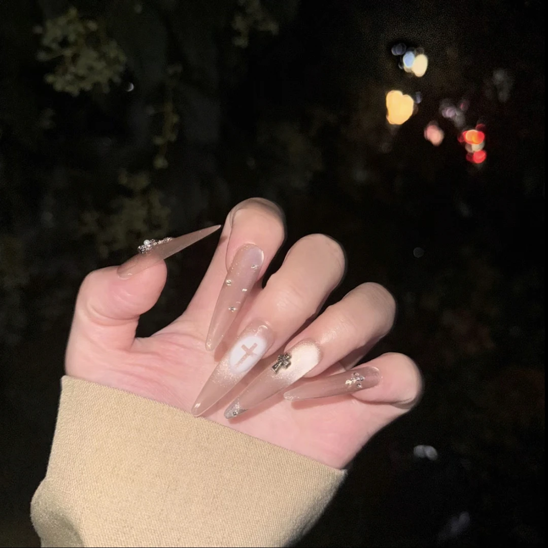 【银色山泉】二表哥新款纯手工裸色猫眼长款带钻美甲贴显白穿戴甲