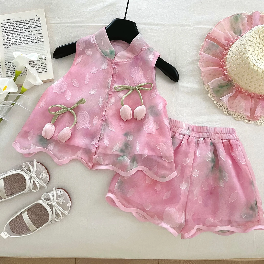 女童无袖女碎花复古夏季童装套装薄款中国风SA17353