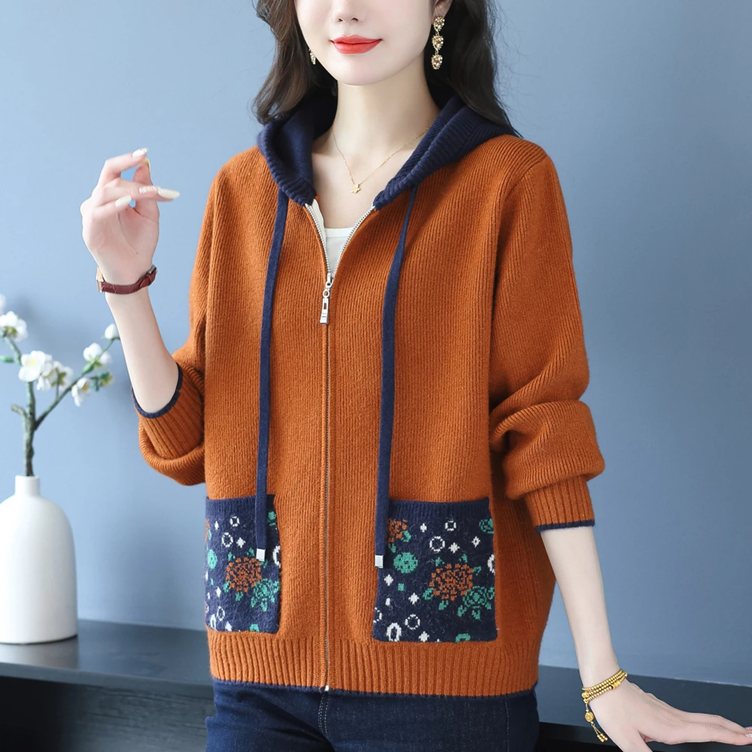 时尚休闲毛衣外套女2025秋季新款中年妈妈装洋气连帽针织开衫大码