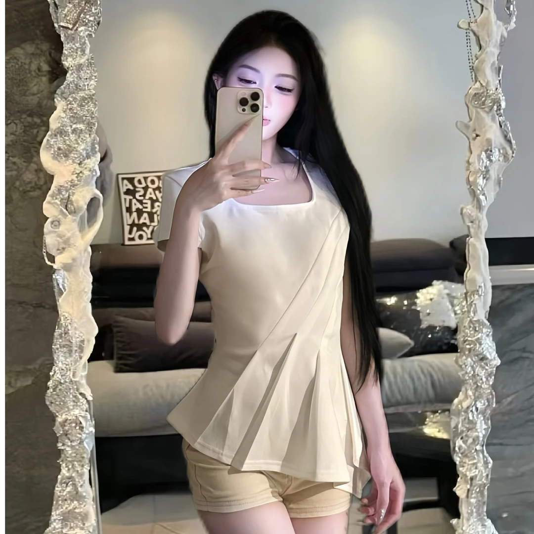 千金名媛方领不规则褶皱短袖T恤女2025夏季新款收腰显瘦独特上衣