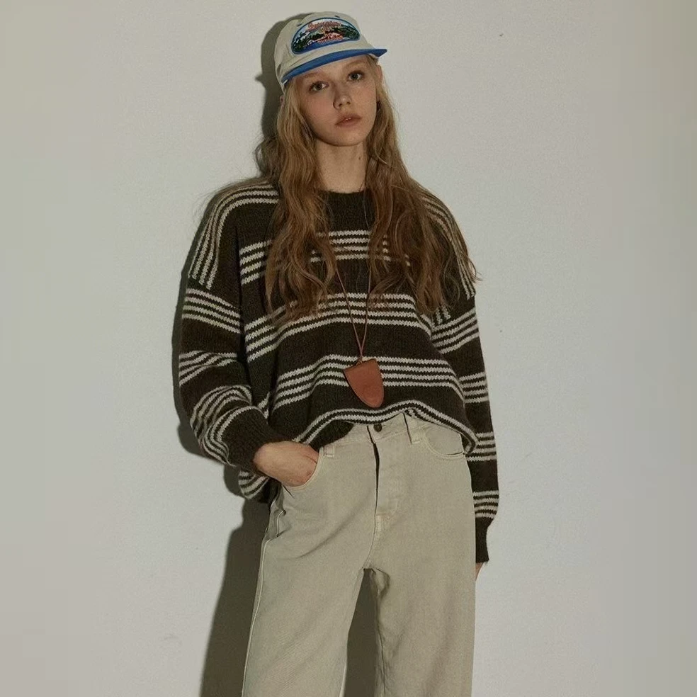 针织衫宽松女条纹针织毛针织衫长袖时尚圆领拼接毛衣