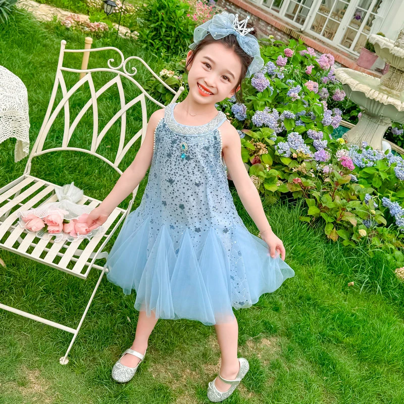 女小童挂脖连衣裙夏季2025新款艾莎公主裙女孩亮片网纱美人鱼裙子