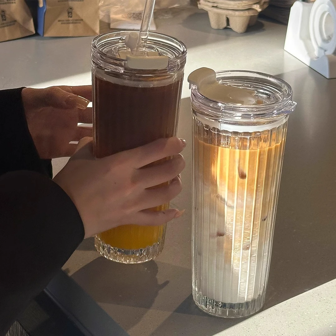 复古玻璃杯大容量ins风带盖吸管杯果汁饮料咖啡杯办公水杯子男女