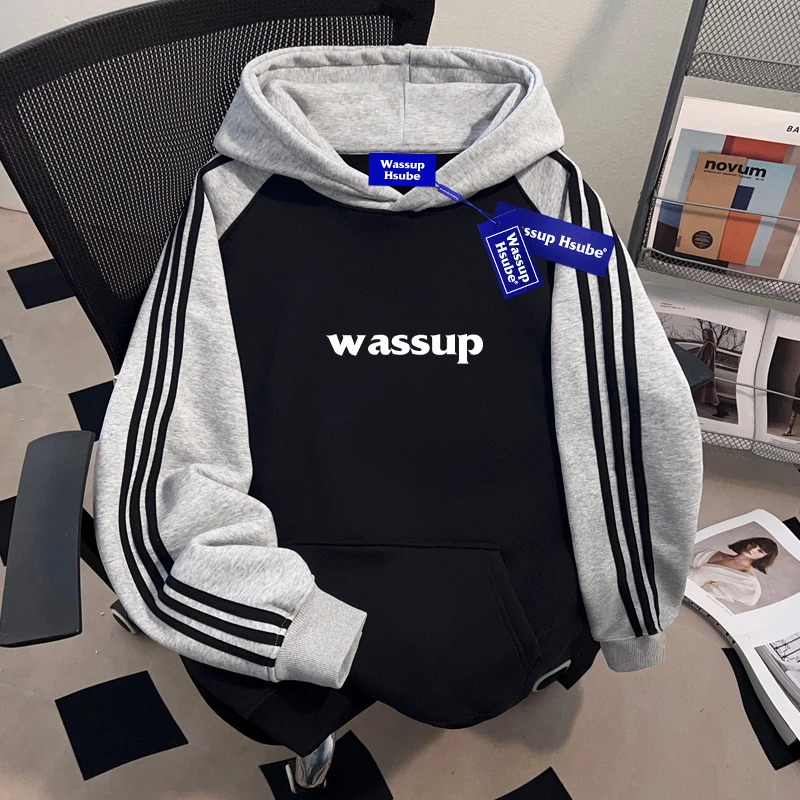 WASSUP HSUBE美式复古撞色拼接连帽卫衣男士外套秋冬慵懒潮牌上衣