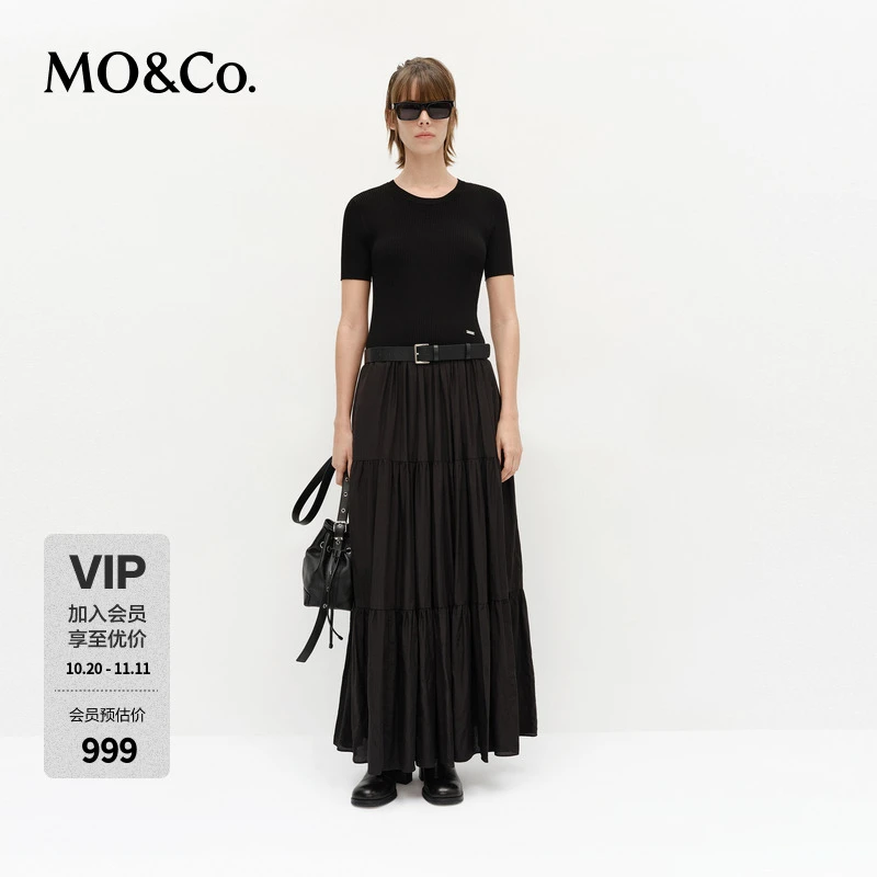 MOCO连衣裙2025春新品轻柔针织拼接中低腰塔裙长裙黑色MBE1DRS049