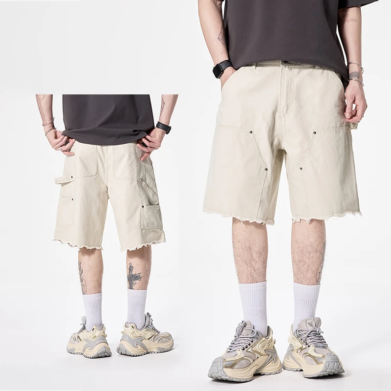 牛仔短裤男士潮牌宽松休闲毛边五分裤子男夏季纯棉米白色百搭中裤